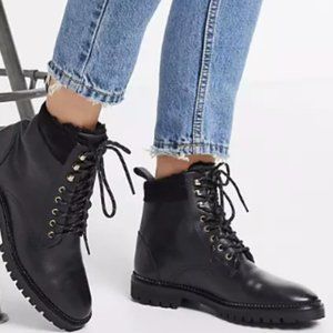 Other Stories Black Leather Boots Lace Up Faux Shearling Trim Womens 40EU US 9